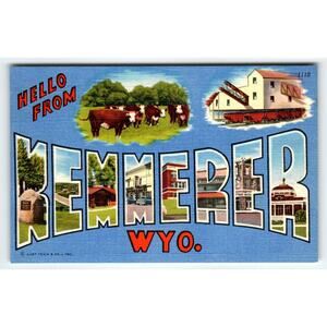 Greetings Hello From Kemmerer Wyoming Postcard Large Big Letter Curt Teich Cows